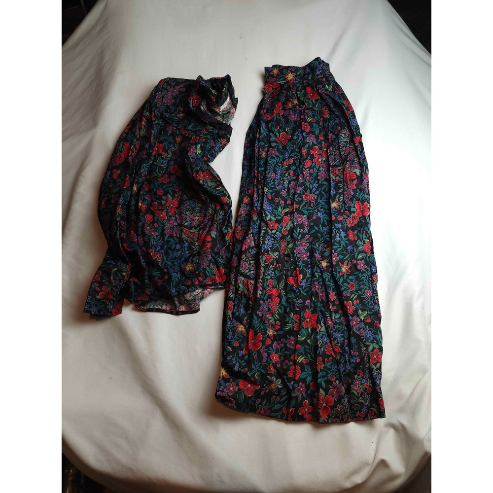 Vintage 80s Jos. A. Bank Skirt Set Womens Size 10 Black Woven Floral Blouse Midi
